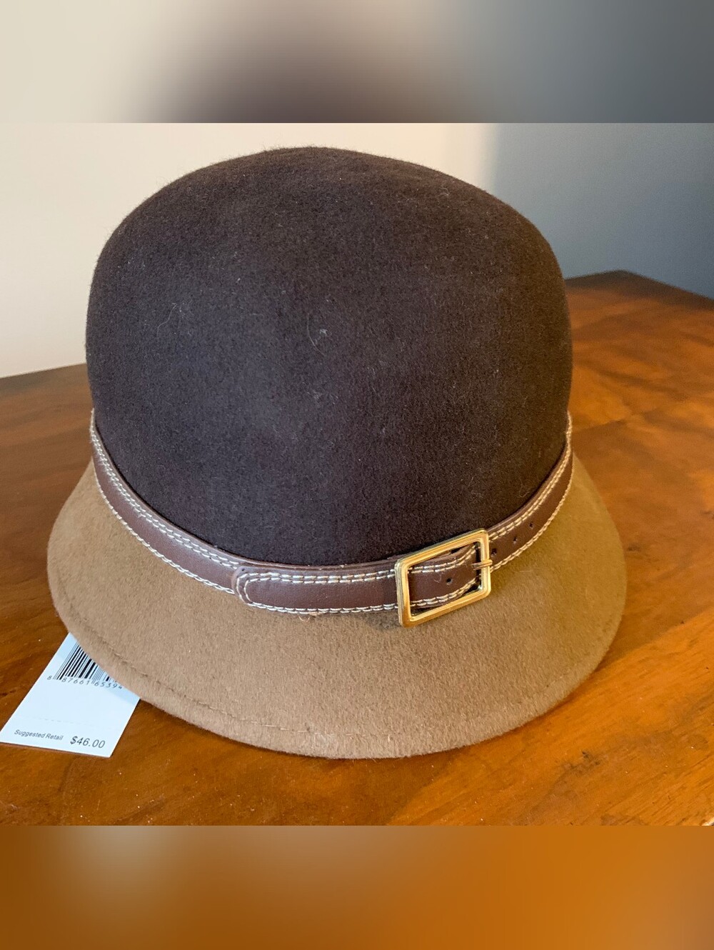 Nine West Two-Tone Brown Suede Cloche Hat with Leather Band and Gold Buckle